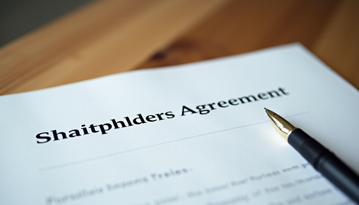 Close-up view of a printed shareholders agreement document on a wooden table