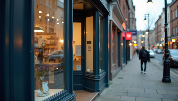 Eye-level view of a UK shopfront with a visible business licence displayed