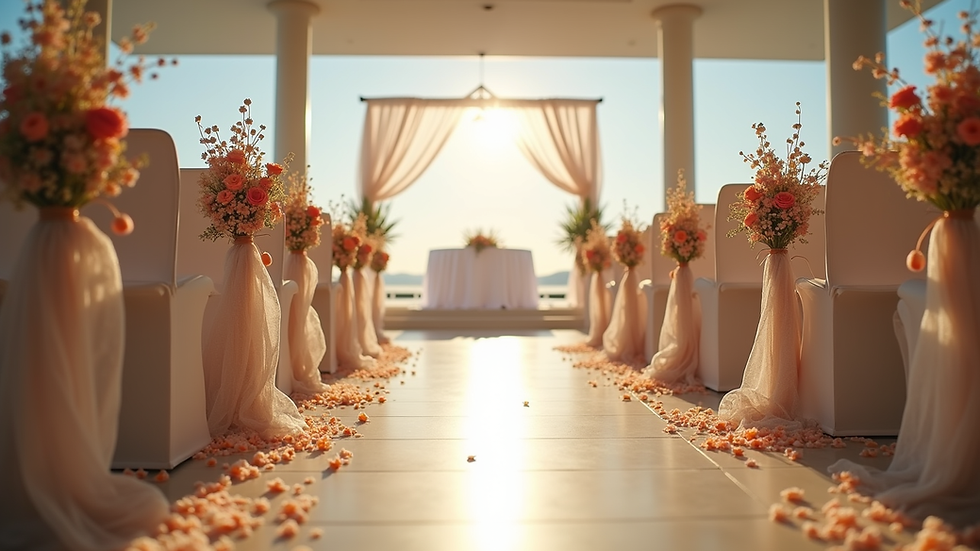 Eye-level view of a wedding ceremony setup with floral decorations