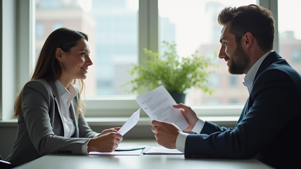 Close-up view of a counselor and client discussing plans in a bright office