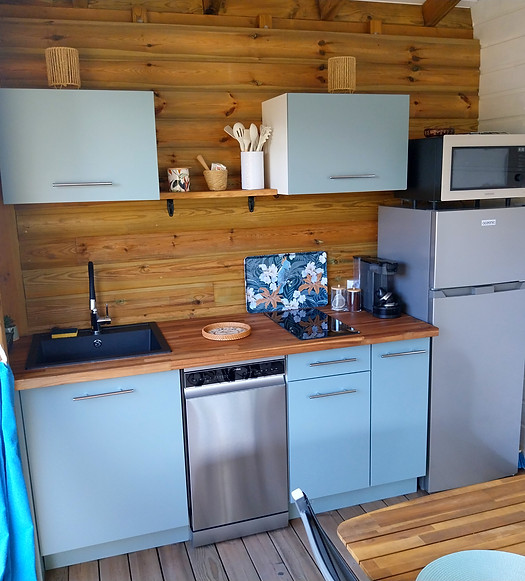 Cuisine équipée de Ti Planteur avec évier, plaque de cuisson, lave-vaisselle et plan de travail en bois.