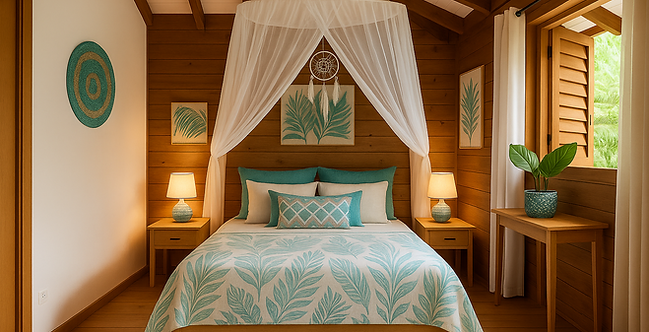 Location cottage, Guadeloupe, chambre spatieuse, lit confortable, Rêves de l'Archipel