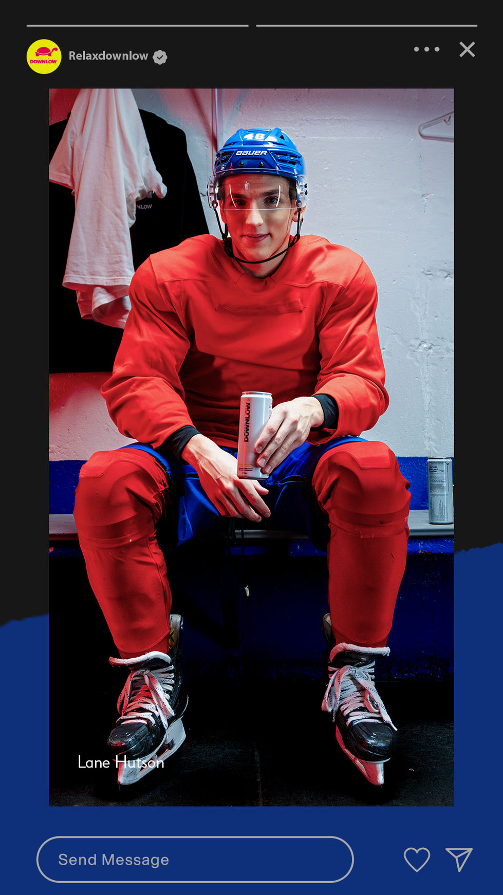Lane Hutson sitting in a locker room holding a can for Relax downlow drink commercial