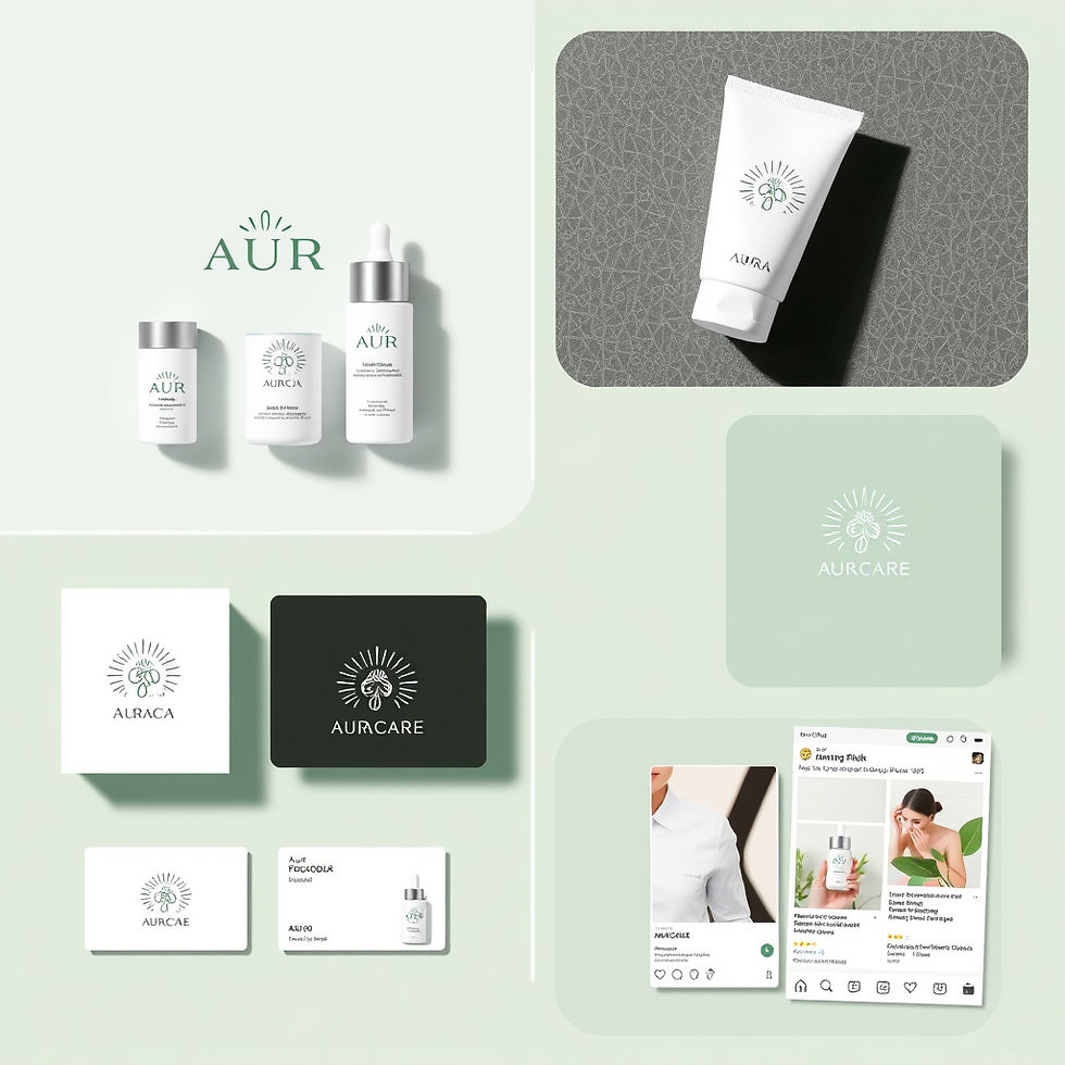 Aura Skincare – Brand Identity Logo mockups on skincare packaging + business cards + socia