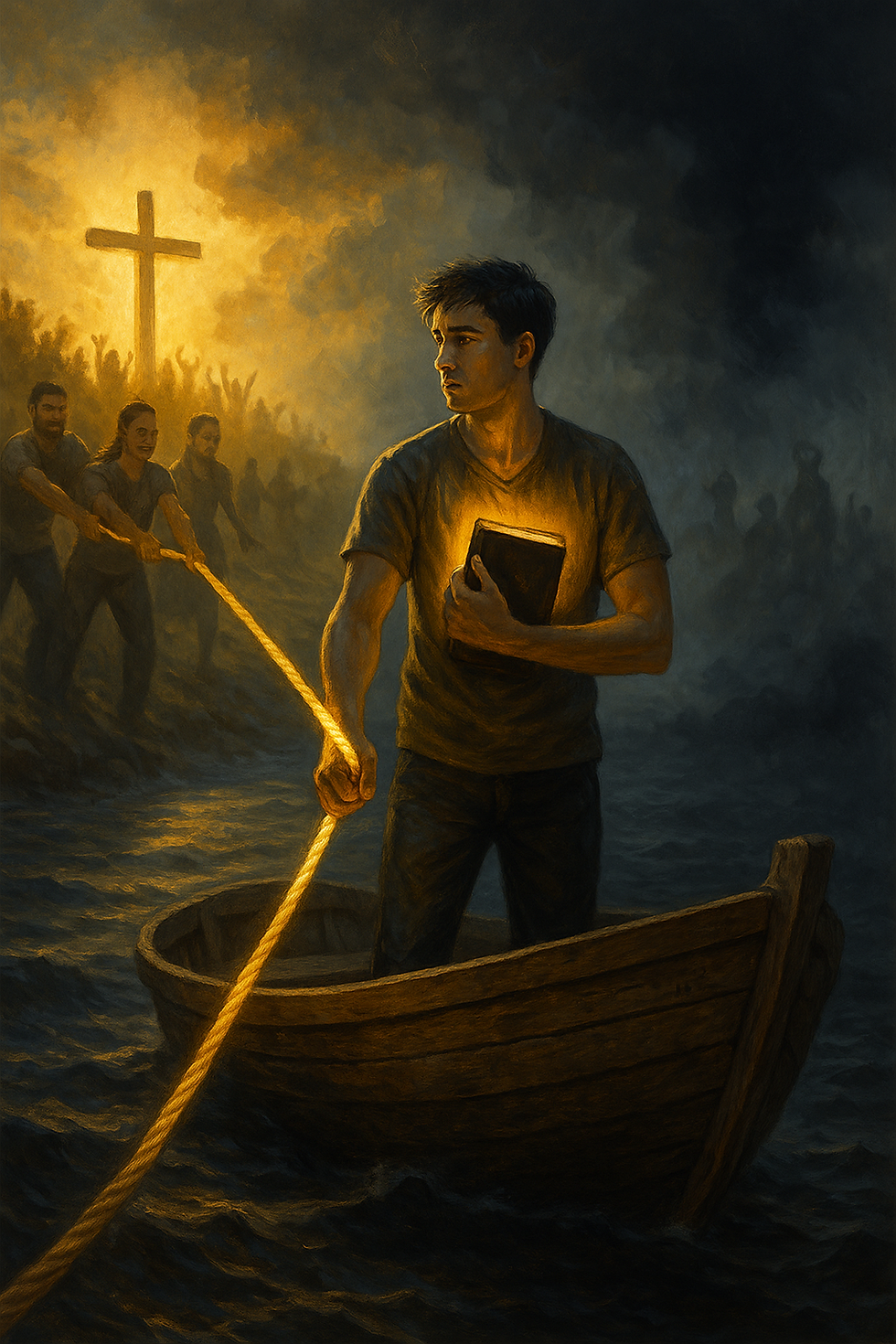 A believer stands in a drifting wooden boat, holding a glowing Bible and gripping a rope that connects to a group of people on shore pulling toward a radiant cross, symbolizing community helping prevent spiritual drift.