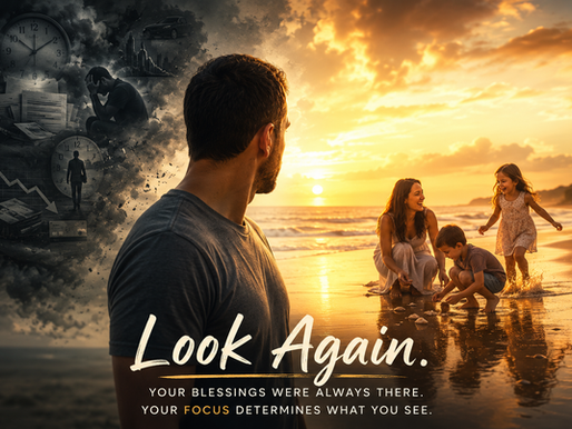 A man stands on a beach at sunset looking toward his wife and two children joyfully playing in the sand while dark images of worry, stress, and distraction surround one side of him. The scene contrasts anxiety with gratitude, illustrating how focusing on God's blessings changes our perspective.