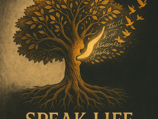 Illustration of a strong tree with a masculine profile carved into the trunk, radiating golden light and words like “resilience” and “courage,” with eagles soaring through the light—symbolizing the power of speaking life.