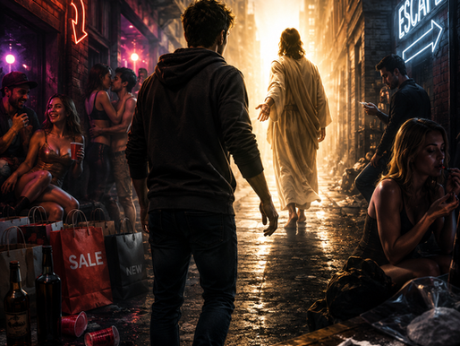 A cinematic illustration of a man walking through a dark city street surrounded by visible temptations, including partying, materialism, social media, and substance abuse, while following Jesus toward a bright cross illuminating the way of escape. The scene symbolizes God's faithful provision of a path away from temptation and toward righteousness.