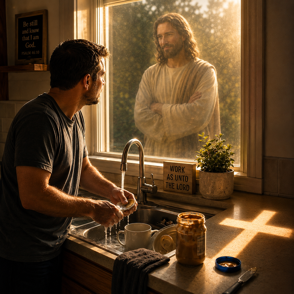 A man stands at a kitchen sink washing dishes while looking out the window, where Jesus is gently reflected with a peaceful, approving expression. Warm morning light fills the room, forming a cross-shaped glow on the countertop, symbolizing God's presence in everyday acts of faithful service.