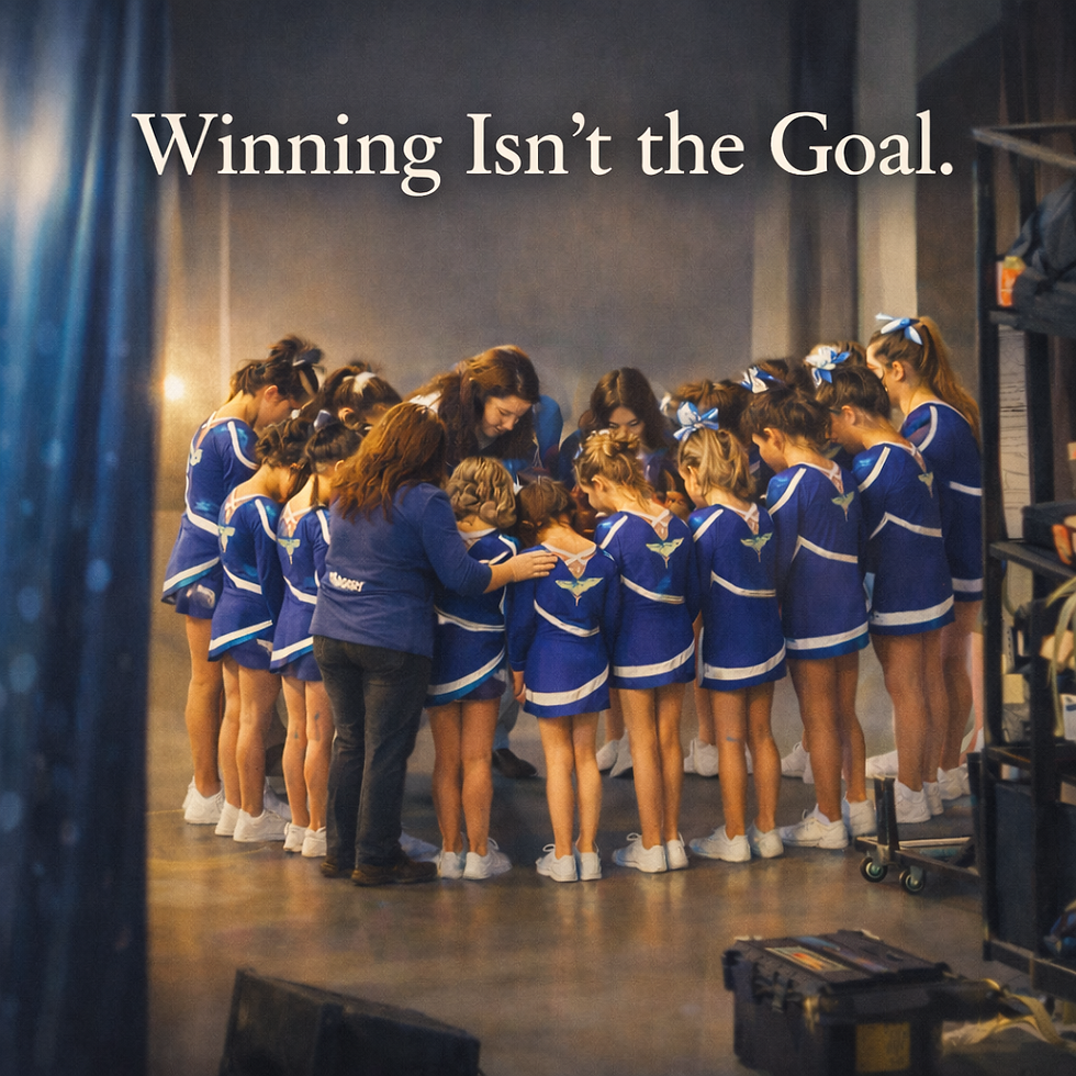 Illustrated scene of a cheer team huddled together in prayer backstage before a competition, showing faith, unity, and putting God first in sports.