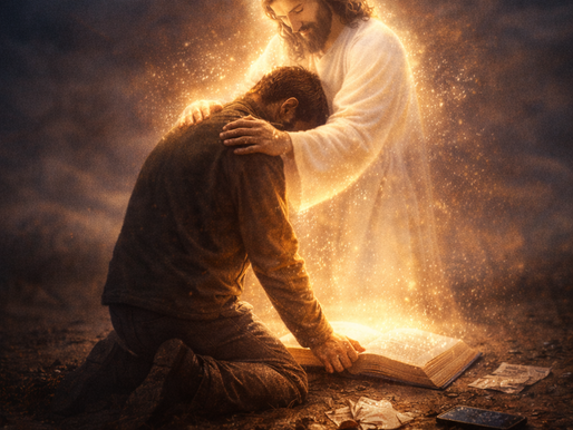 A weary man kneels over an open Bible in prayer while a glowing image of Jesus embraces him, symbolizing finding strength in God when you feel overwhelmed and leaning into your Heavenly Father.