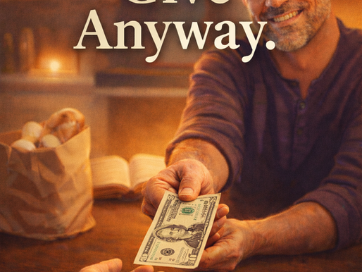 A warm, illustrated scene of a smiling man at a kitchen table offering a twenty-dollar bill to open hands across from him, with simple groceries and an open Bible nearby, symbolizing giving cheerfully and trusting God when resources feel tight.
