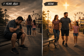 A side-by-side illustration comparing one year ago and today. On the left, an exhausted father sits on a bench at a county fair while his wife and daughter wait several steps ahead, capturing the discouragement of physical weakness. On the right, the same father walks confidently beside his wife and daughter through the fair, smiling and full of renewed strength, symbolizing God's healing, restoration, and faithfulness.