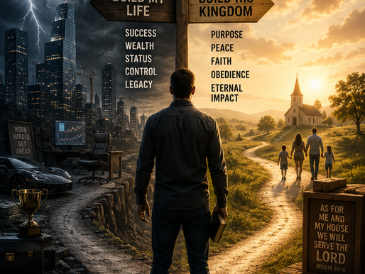 A man stands at a crossroads holding a Bible, facing two very different paths. One leads toward a dark city skyline representing ambition, wealth, and worldly success, while the other leads toward a peaceful countryside with a church and a family walking together in warm morning light. A signpost points toward each path, symbolizing the choice between building a life for personal success or building a life with God at the center. The image includes the text, "What's at Your Center? Psalm 127:1."