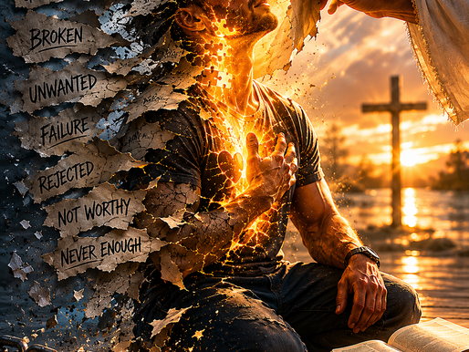 A broken man kneels as layers of negative words are peeled away by God’s light, revealing healing, freedom, and the masterpiece God created him to be.