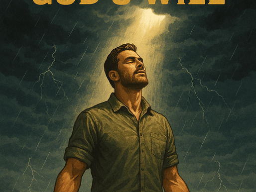 Illustration of a peaceful man standing in a storm with eyes closed and arms open, holding a Bible, as a beam of light shines down on him with the words "Real Joy Is Found in God’s Will" above.