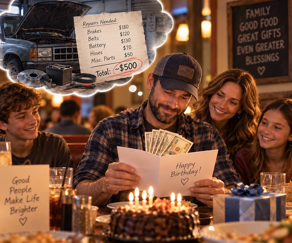 A man opens a birthday card filled with unexpected cash while celebrating with his family at dinner. Above him, a thought bubble shows his vehicle and roughly $500 in needed repairs, illustrating how God provided more than enough to meet the need.