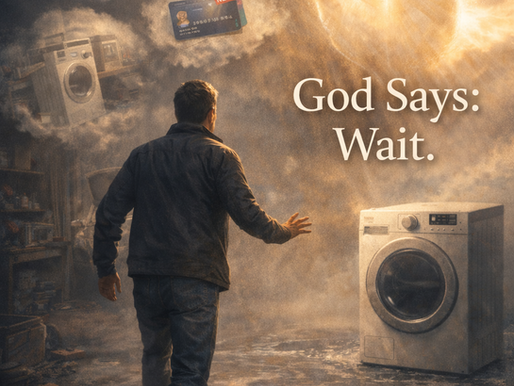 A man pauses in a cluttered garage facing a broken washing machine surrounded by a puddle of water, while a glowing hand with a cross stops him as visions of loans, credit cards, and quick fixes fade, symbolizing waiting on the Lord during trials and trusting God’s timing.