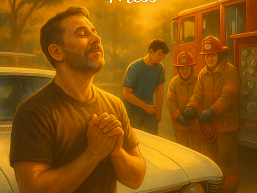 A man stands peacefully in prayer beside a classic white car, while his son and firefighters hold coiled jumper cables near a firetruck. A glowing dove shines above, symbolizing the Holy Spirit’s guidance, with warm sunlight and Galatians 5:14 displayed below.