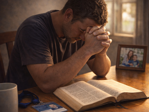A man sits at a kitchen table praying with his hands clasped over an open Bible after losing his job. A termination letter, work badge, coffee mug, and a framed family photo sit on the table beside him, symbolizing the pressure of providing for his family while he seeks peace and guidance from God.