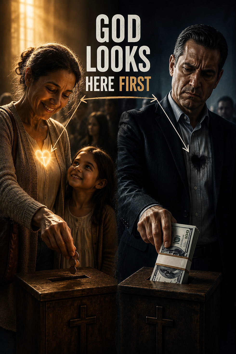 Split image showing a joyful woman placing a few coins into an offering box with warmth and gratitude while a wealthy man reluctantly gives a large amount, illustrating that God values the condition of the heart more than the size of the gift.