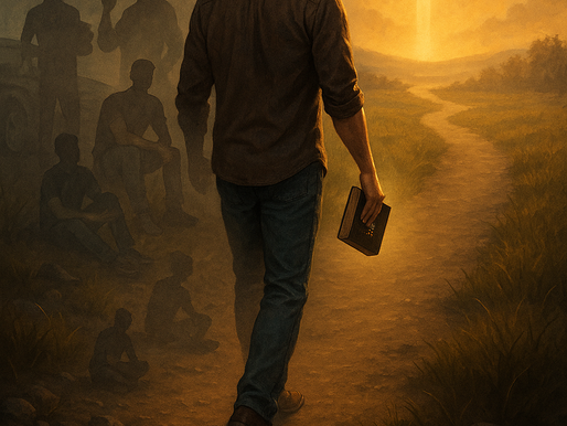 A man walks forward on a dirt path holding a glowing Bible, leaving faded silhouettes of his younger, childish self behind him. Ahead, a radiant cross shines on the horizon in golden light, symbolizing spiritual maturity from 1 Corinthians 14:20.