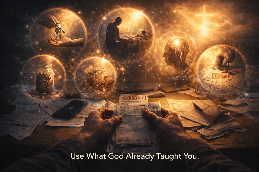 A first-person view of hands holding overdue bills at a cluttered desk, surrounded by glowing memory orbs showing moments of God’s faithfulness—provision, healing, paid bills, and restored peace—with a soft cross-shaped light in the background and the overlay text, “Use What God Already Taught You.”