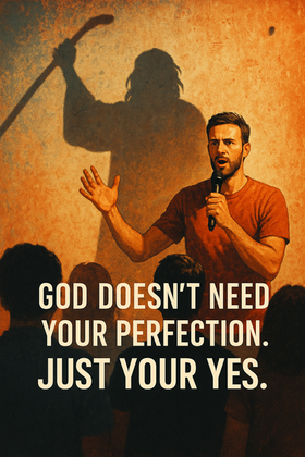 A man speaks passionately to a crowd with the shadow of Moses holding a staff cast on the wall behind him. Bold text reads, "God doesn’t need your perfection. Just your yes.