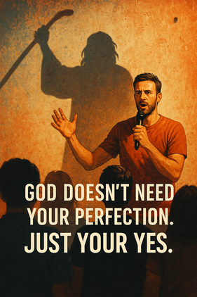 A man speaks passionately to a crowd with the shadow of Moses holding a staff cast on the wall behind him. Bold text reads, "God doesn’t need your perfection. Just your yes.