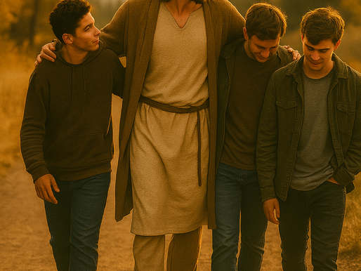 "Jesus walking with three young men along a golden-hour trail, arms around their shoulders, sharing a peaceful moment of friendship and spiritual companionship with 'Seek God' text at the bottom."