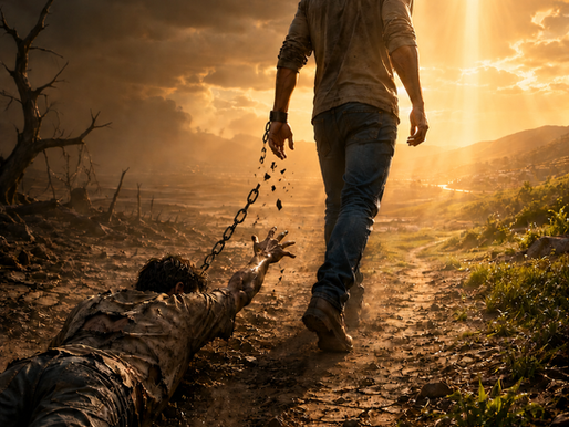 A man walks away from a broken version of himself across dry, cracked ground as shattered chains fall behind him. A bright cross-shaped beam of light shines from the sky ahead, symbolizing freedom, personal revival, and new life through Christ.