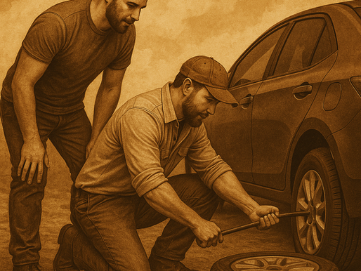Two men work together to change a flat tire on a car, captured in a vintage-style, sepia-toned illustration. One man kneels using a lug wrench while the other stands nearby offering support, symbolizing faith in action through practical service.