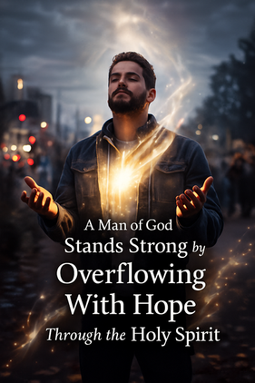 A rugged man stands outdoors at twilight with his eyes closed and hands open, as a warm golden light glows from his chest and flows into his palms, symbolizing hope from the Holy Spirit. Soft city lights blur in the background, contrasting with the divine light surrounding him.