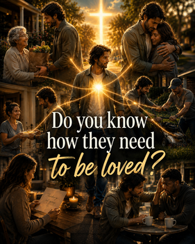 A man stands at the center of several acts of kindness as golden light from a radiant cross flows through him to others. Around him, he helps an elderly woman with groceries, comforts a crying woman with a hug, delivers a meal, assists a neighbor with yard work, writes an encouraging card, and listens to a struggling friend over coffee. The image symbolizes God's love flowing through believers and being expressed in different ways according to each person's needs.