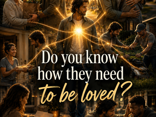 A man stands at the center of several acts of kindness as golden light from a radiant cross flows through him to others. Around him, he helps an elderly woman with groceries, comforts a crying woman with a hug, delivers a meal, assists a neighbor with yard work, writes an encouraging card, and listens to a struggling friend over coffee. The image symbolizes God's love flowing through believers and being expressed in different ways according to each person's needs.