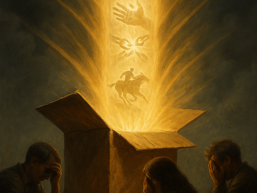 Three people kneel in awe, shielding their faces from a powerful golden light bursting out of an open cardboard box. The radiant beam contains symbolic images including a cross, Jesus walking on water, healing hands, eyes representing divine sight, and Elijah running ahead of a chariot. The text at the bottom reads, “He’s the God of the Impossible.”