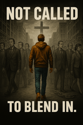 A lone man in color walks confidently against a grayscale crowd in a city, heading toward a distant cross, with faint chains in the background symbolizing spiritual conformity.