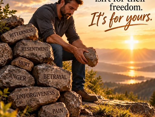 A man sits beside a pile of rocks labeled bitterness, resentment, hurt, anger, betrayal, unforgiveness, and pain, holding one as if preparing to release it. A glowing cross appears in the distance with the words, “Forgiveness isn’t for their freedom. It’s for yours.”
