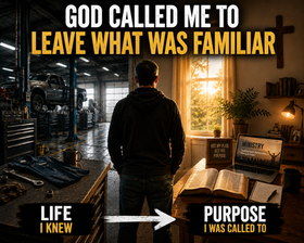 A man stands between an automotive garage and a warm ministry workspace, symbolizing the transition from a familiar career to following God’s calling through faith and uncertainty.