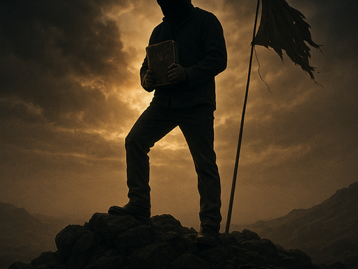 Silhouette of a man standing on a rugged hill at dawn, holding a worn Bible with a tattered flag behind him, illuminated by golden light breaking through the clouds, symbolizing bold faith and spiritual leadership. Ask ChatGPT
