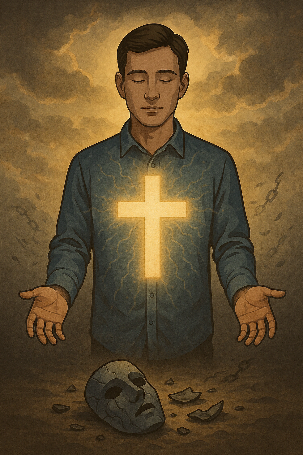 A man with a glowing cross shining from his chest stands with open hands, symbolizing honesty and transparency in Christian living. A broken mask lies at his feet as chains dissolve into light behind him, representing discarded falsehoods and freedom in Christ. Golden light breaks through the clouds above.