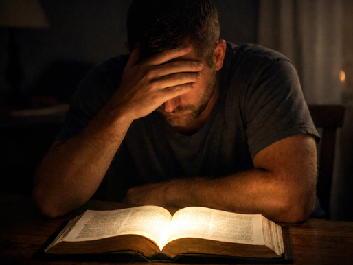 A weary man sits at a wooden table in a dimly lit room, leaning forward with his hand covering his face. An open Bible in front of him glows with warm light, softly illuminating him as the surrounding darkness fades, symbolizing finding hope, peace, and purpose in trials through Scripture.