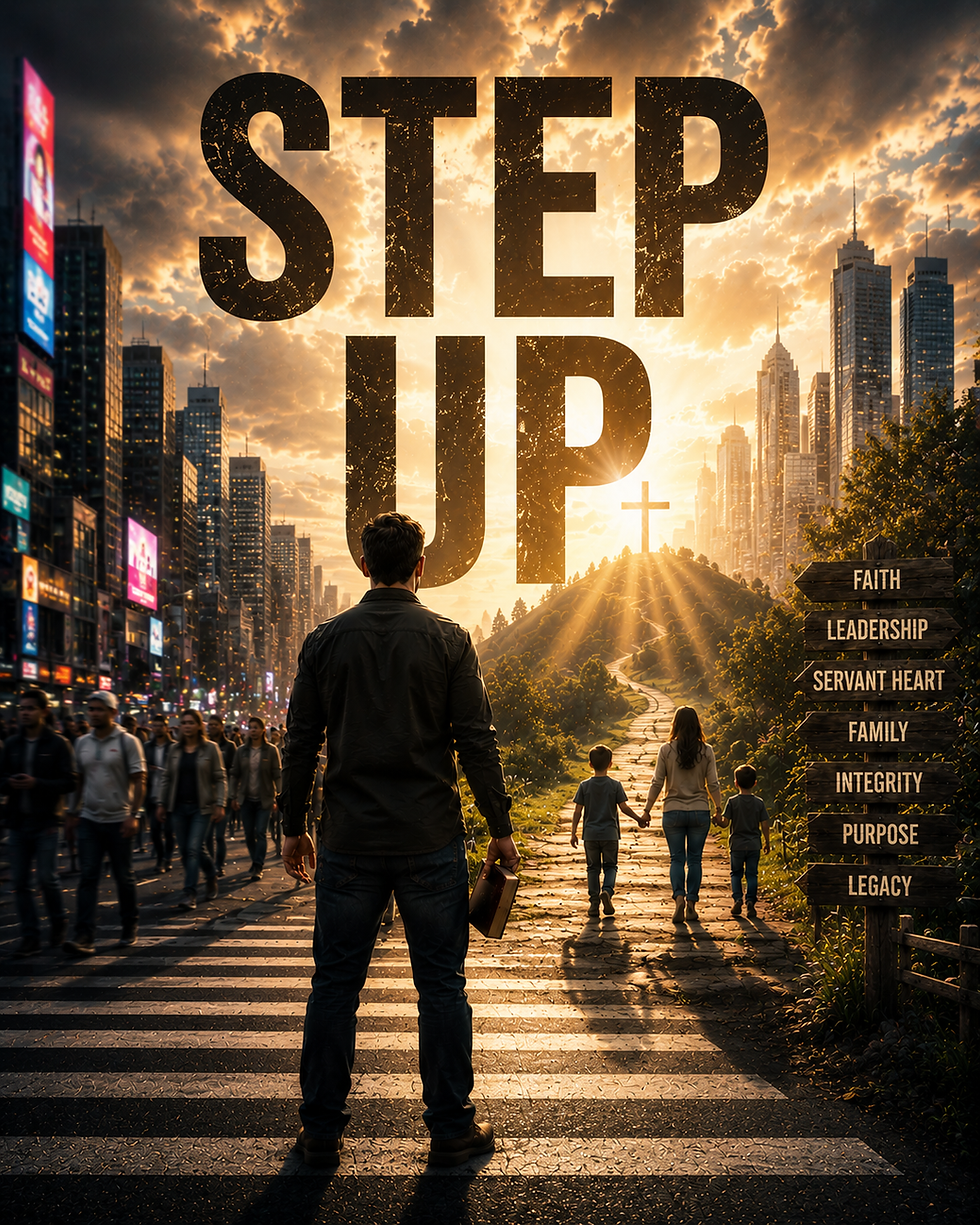 A dramatic Christian-themed image showing a man standing at a crossroads between a busy city and a sunlit path leading toward a hilltop cross. A family walks ahead on the path while signs point to values such as faith, leadership, family, integrity, purpose, and legacy. Golden rays break through the clouds, symbolizing God's call to step into purpose and lead with obedience.