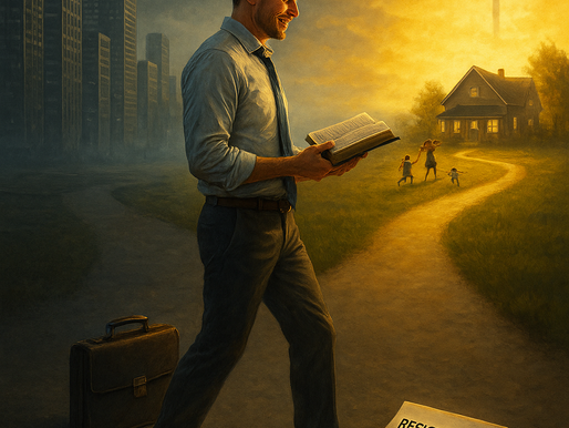 A man in work clothes with a loosened tie holds an open Bible glowing with light as he walks away from a dark city skyline toward a golden-lit path leading to his family and a home in the distance. At his feet lies a briefcase and a resignation letter labeled “RESIGNATION,” symbolizing leaving worldly security behind to rest in God’s promises.