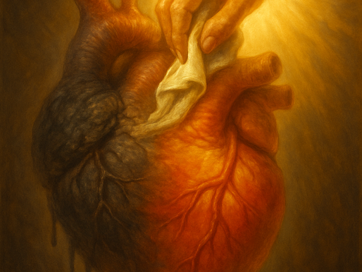 A radiant, divine hand emits golden light as it gently cleanses a dirty human heart, symbolizing God’s power to purify and restore through His holiness.