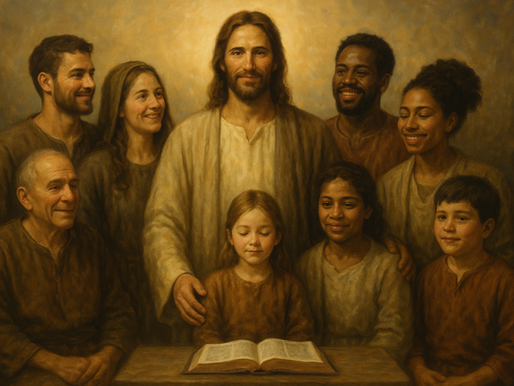 Jesus stands at the center of a diverse group of people in a warm, glowing setting, symbolizing brothers and sisters in Christ. The figures surrounding Him represent various ages and backgrounds, all united in peace and purpose, with gentle light connecting them in a family of faith.