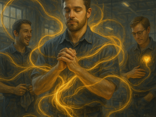A hyper-realistic digital painting of a worker standing in prayer at an industrial shop. Golden light, representing the Holy Spirit, radiates from him and intertwines around coworkers, with some streams entering their hearts, symbolizing the lasting impact of everyday Christian faith in the workplace.