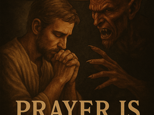 A sepia-toned illustration of a man praying beneath a wooden cross while a demonic figure with horns and claws angrily reaches toward him; the phrase "Prayer Is Resistance" is written below, symbolizing spiritual warfare and the power of prayer.