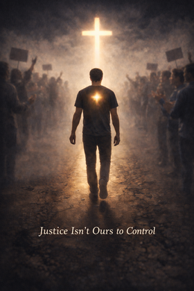 A man walks alone down a narrow path toward a glowing cross, surrounded by blurred arguing crowds, symbolizing that true justice comes from following God with humility, mercy, and obedience rather than choosing sides.