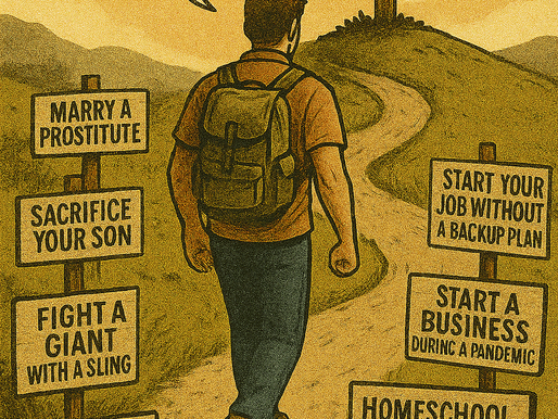 Illustration of a man walking a winding path toward the cross, passing signs that represent difficult or confusing acts of obedience to God, such as “Marry a Prostitute,” “Sacrifice Your Son,” “Fight a Giant with a Sling,” “Quit Your Job Without a Backup Plan,” “Start a Business During a Pandemic,” and “Homeschool with No Experience.” The scene symbolizes radical faith and trust in God’s direction.